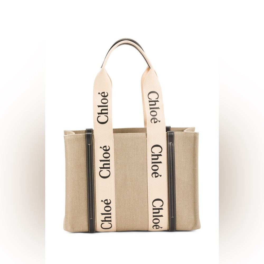 CHLOE made in Italy medium woody linen and leather shopper Logo Tote